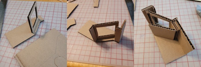 three progress shots of the arcade display described below