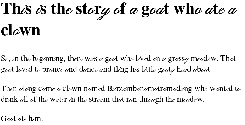 screenshot of a web page where all of the vowels are in a script font. It is pretty hard to read.