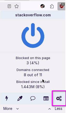 Screenshot showing the uBlock main options