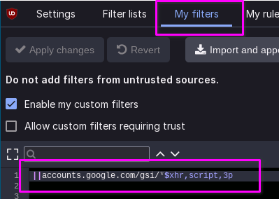 Screenshot showing the uBlock dashboard with the My Filters tab