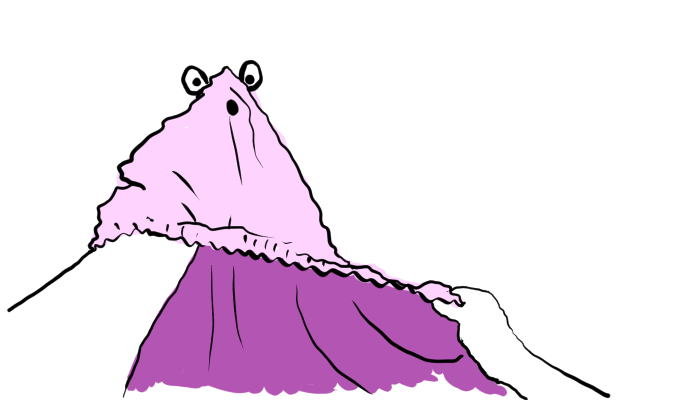A first-person view of a pair of arms. The right one is holding the elastic along the edge of the sheet. The other is buried in the corner "pocket" - where the sewn mitered edge comes to a triangular point. The sheet has eyes and a mouth at the corner. It is looking back at the viewer with surprise.