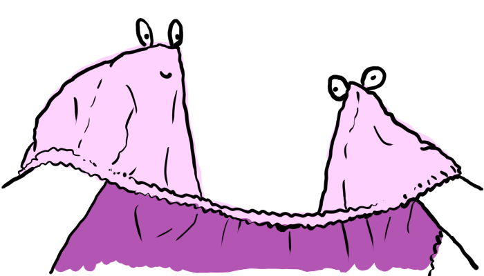Another first-person view of two arms and a fitted sheet. Now both arms are in corner pockets of the fitted sheet. Both have faces and the first one is looking at the second. The elastic band along the edge is facing the viewer.