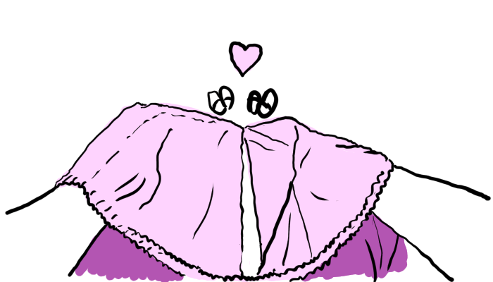 First-person view of two arms and a fitted sheet. The hands are in the sheet corners and touching. The sheet corners are creatures with eyes shut in bliss. There is a little pink heart floating over their little heads.