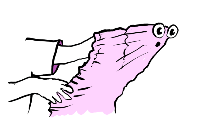 A fitted sheet with eyes and a mouth like a creature is being stretched over a person’s arm. It looks surprised but maybe not entirely displeased.