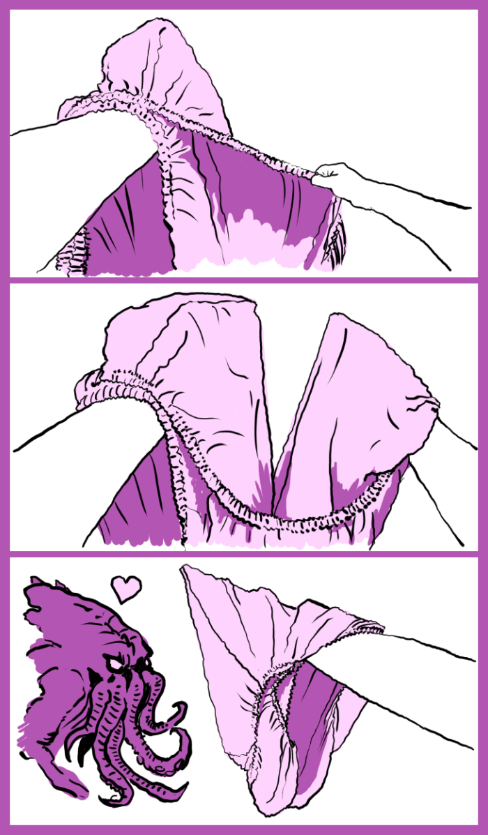 Series of three images with the arms going through the motions of putting the next two corners on one at a time. In the third panel the corners are together but the rest of the sheet is tangled up. Chulthu is looking at it with a floating heart.