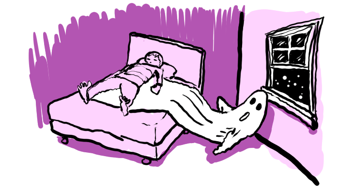 A hasty three-color drawing of a bedroom at night. A white sheet ghost escapes out from under a sleeping person in a bed. The window is open and the ghost is headed in that direction. The walls and shadows are in magenta and pink.