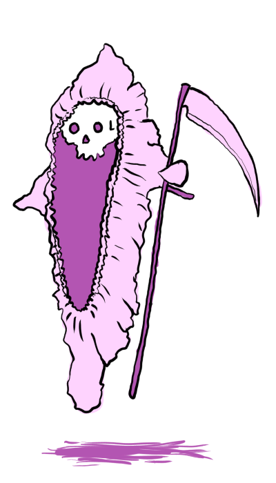 A drawing of a fitted sheet floating in the air. The elastic part is facing us so that it looks like a hooded cloak. The sheet has little sheet corner arms and is holding a scythe. The head is a skull inside the top of the opening of the sheet so that it looks like a cute little grim reaper.