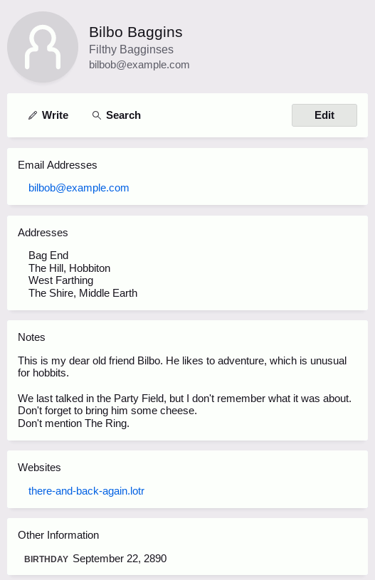 Screenshot from Thunderbird address book shows an entry for the hobbit Bilbo Baggins