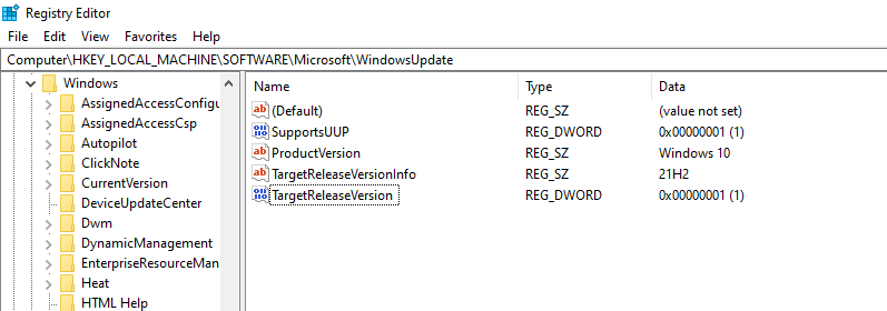 screenshot of regedit showing the settings mentioned below