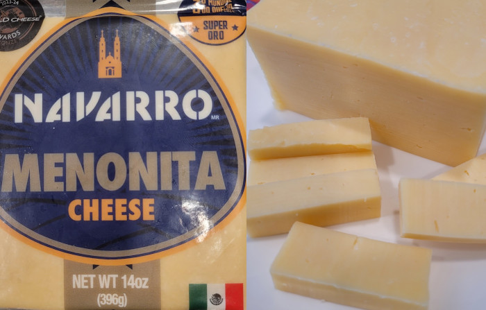Photo of cheese package and sliced cheese.