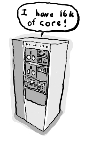 drawing of a minicomputer saying 'i have 16k of core!'