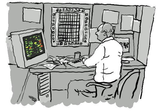 drawing of chuck at a desk programming on a pc with a crt. equipment looks 1990s era