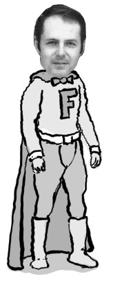 drawing of chuck moore as a superhero with a cape and bowtie