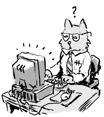 a confused cat working on an old pc