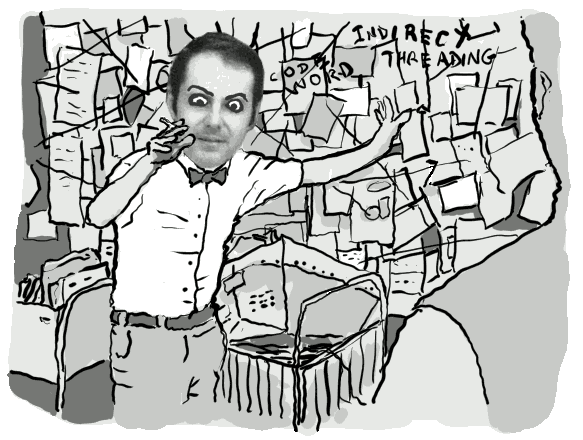 drawing of chuck as crazy charlie explaining a theory with wild eyes and a wall covered in paper and strings