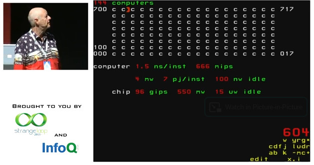 screenshot from Chuck's 2013 strange loop talk about 144 computer chip