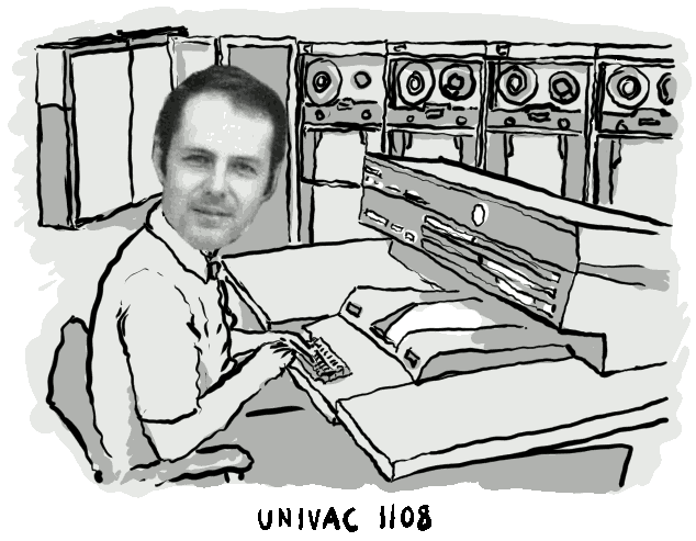 drawing of chuck at a univac 1108 console