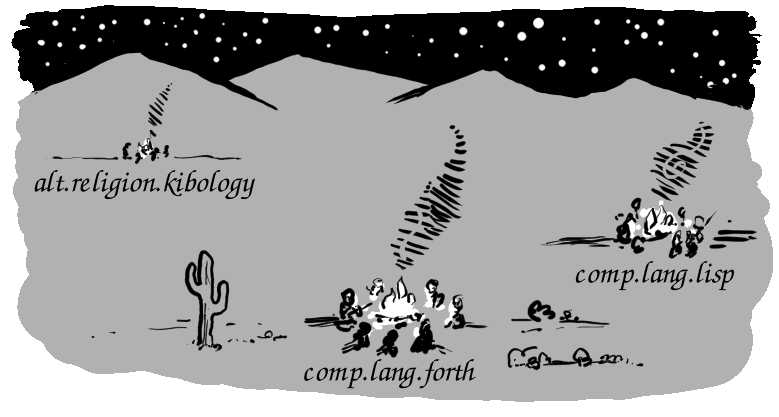 usenet campfires on a desert scene: comp.lang.forth comp.lang.lisp and alt.religion.kibology