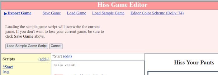 Screenshot of new menu names and sample game confirmation.