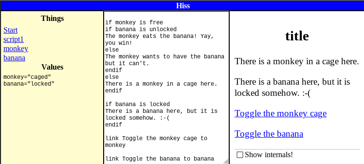 Screenshot with three panels. A heap of logic that displays different outcomes depending on the current state of a monkey and banana. Current state shows ' There is a monkey in a cage here. There is a banana here