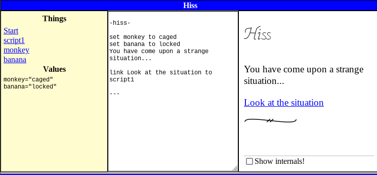 Screenshot of the Hiss interface. The script has some ASCII junk that gets rendered in the player as simple SVG line drawings. One of them is the name 'Hiss'.