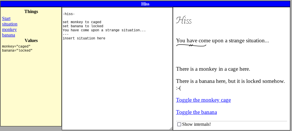 Screenshot of Hiss with script using insert here to include a common 'situation' script to describe the state of a monkey and banana.