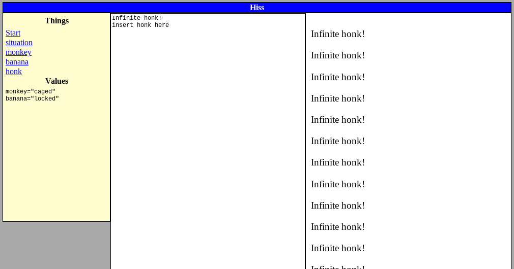 Screenshot of a self-recursive script that prints infinite honks.
