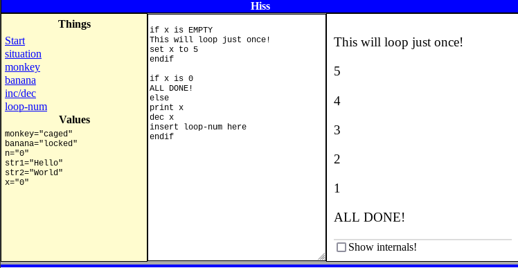 Screenshot shows the 12-line script and the player output: This will loop just once!  5 4 3 2 1 ALL DONE!