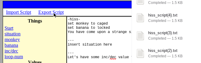 screenshot shows firefox having downloaded a file called hiss_script.txt after I click on the Export Script link