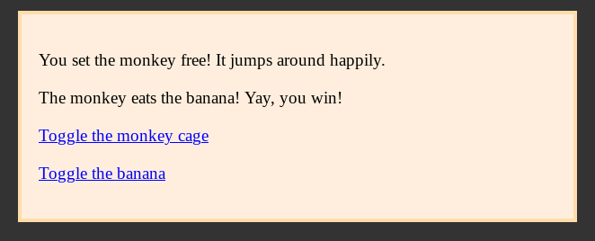 Screenshot showing stand-alone player with the monkey and banana situation. It ends with success: The monkey eats the banana! Yay