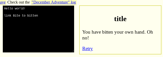 Screenshot of Hiss game with script. We have clicked on the "Bite" link and are now looking at the "bitten" result which says "You have bitten your own hand. Oh no!" and offers a "Retry" link.