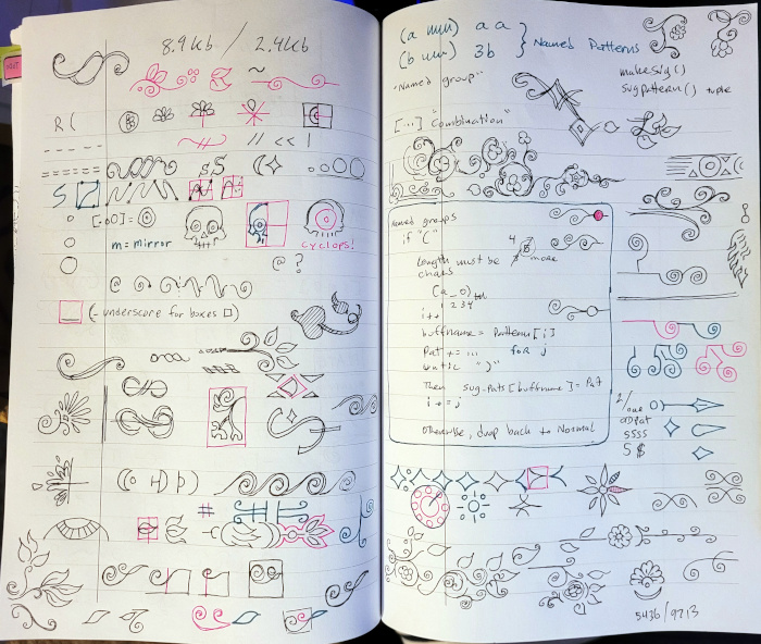 Photo of my notebook with two pages of decoration sketches and a bit of pseudocode and notes
