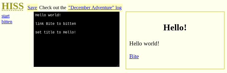 Screenshot show all three panes. Left pane populated with "start" and "bitten" links. Middle pane shows new "set title to Hello!" in script. Right pane shows title is set to "Hello!"