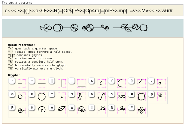 Screenshot shows a series of fun patterns including a new rose with leaves; below is a cheatsheet of glyph characters.