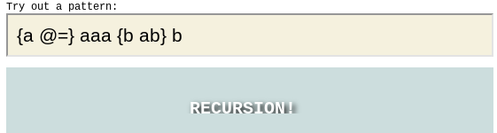 Screenshot shows a self-recursive pattern called 'b'. The resulting image is text that reads "RECURSION!" with a drop-shadow.