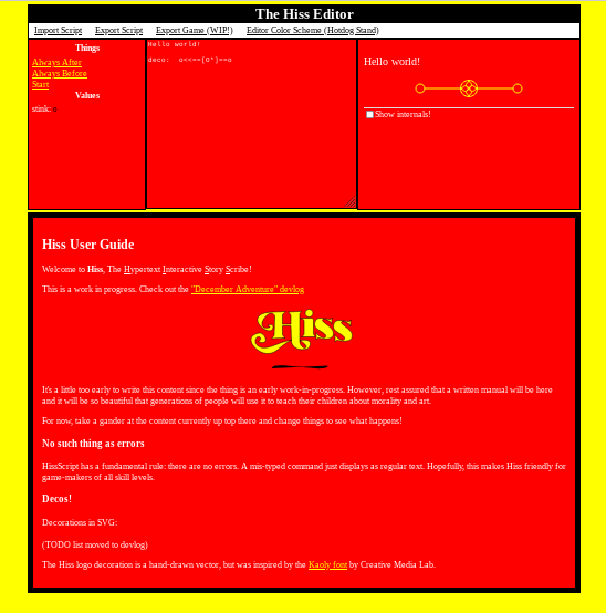 Screenshot shows the Hiss editor sporting the bold red and yellow colors of the old Windows 3.1 color scheme called Hotdog Stand.