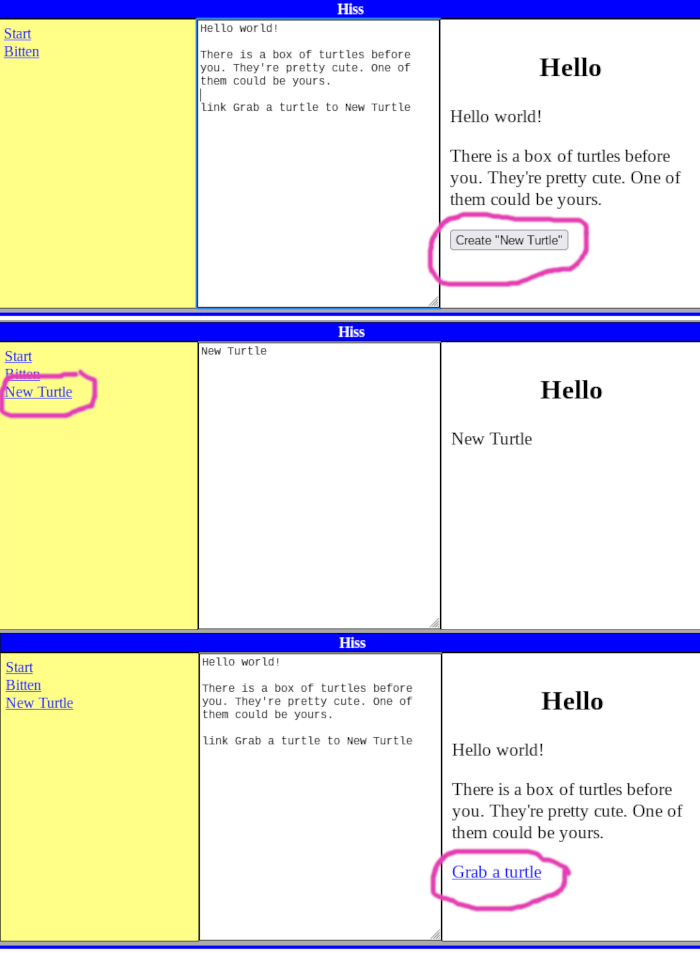 Three screenshots. The first one shows a game script with 'There is a box of turtles before you. They’re pretty cute. One of them could be yours.' and a link to a New Turtle object. There is a button to create New Turtle. The second screenshot shows the newly created New Turtle. The third screenshot shows the original New Turtle link