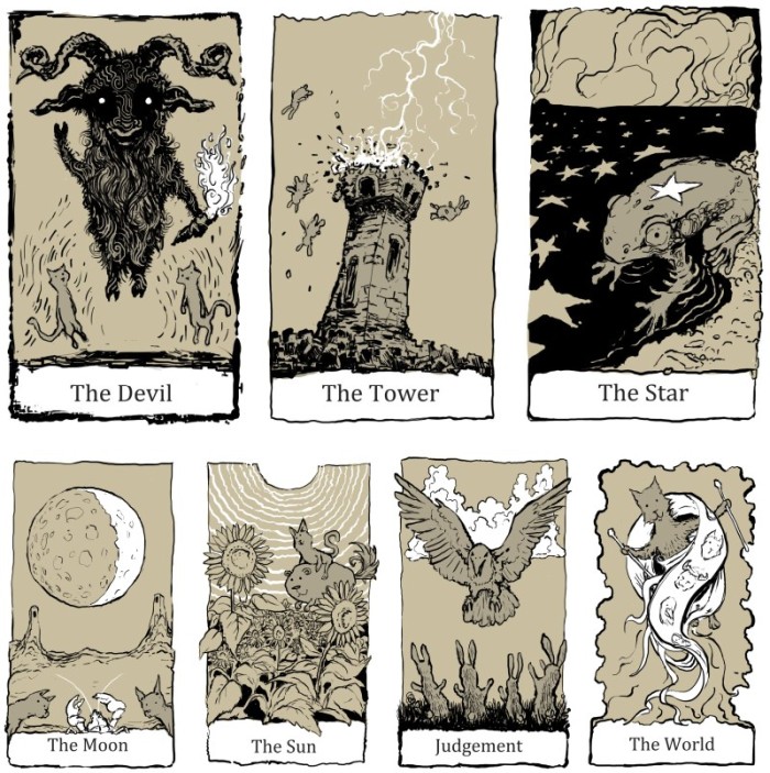 seven tarot cards showing better draftsmanship and use of line etc.