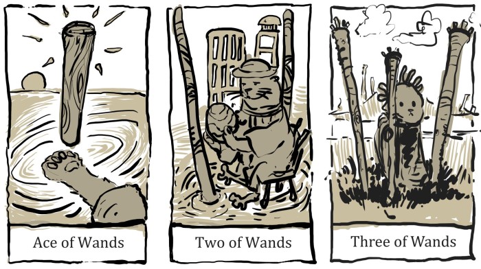 three tarot cards from the wands suit with much cruder artwork