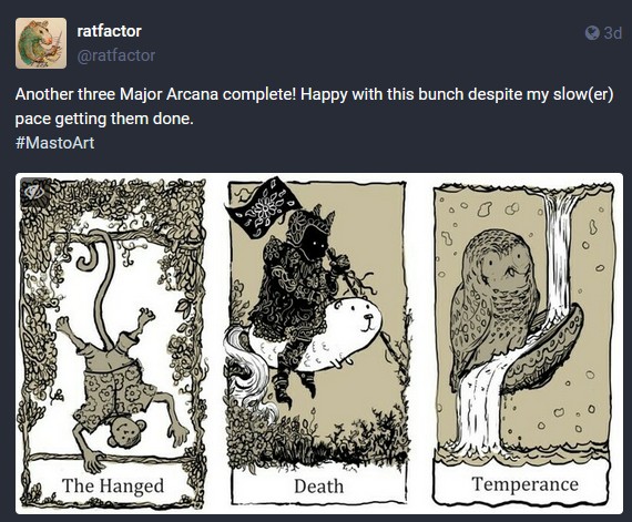 screenshot of a post to mastodon with three major arcana cards