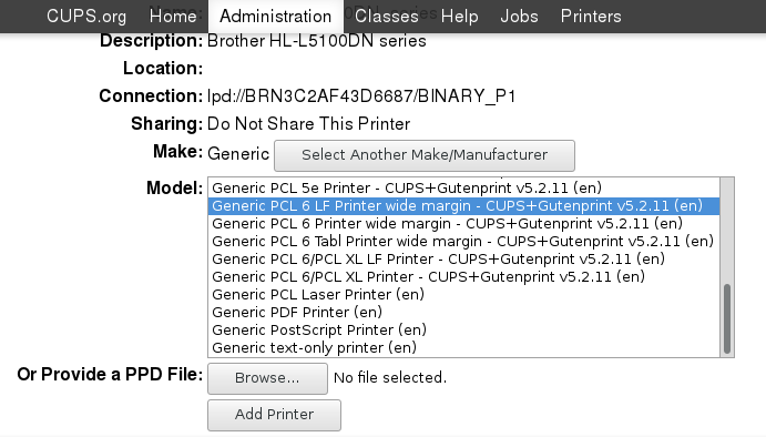 choosing the generic pcl 6 printer driver in cups