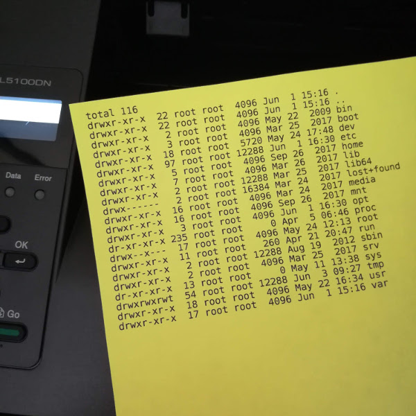 photo of my piped ls command printout via cups lp