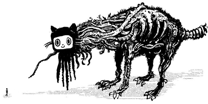 Octocat as a thin mask over a hellish demon creature with a series of tubes siphoning who knows what to who knows where. by dave gauer aka ratfactor.