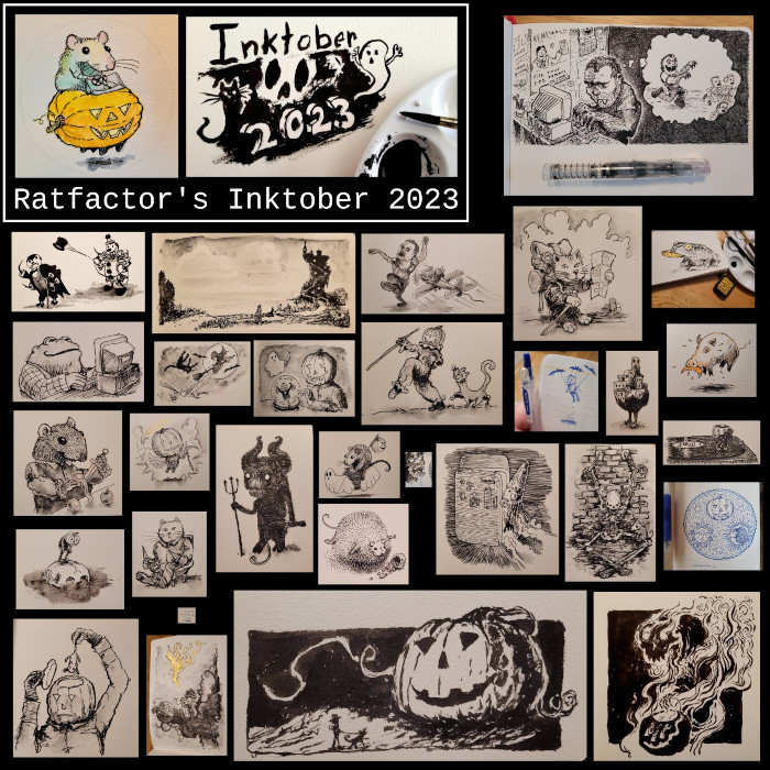 collage of thumbnails of my inktober 2023 drawings