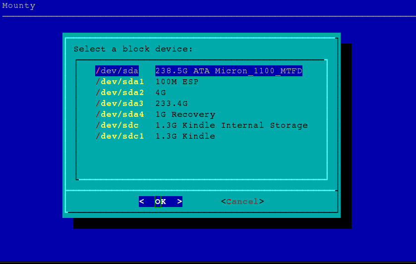 screenshot of graphical dialog-driven menu to select device