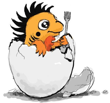 my drawing of zig mascot ziggy the ziguana coming out of an egg shell while holding a fork