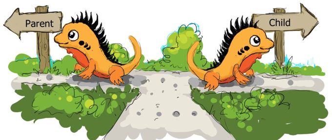 my drawing of two copies of zig mascot ziggy at the fork in a road. one is heading down a path with a sign labeled parent.the other is heading the other way where a sign is labeled child