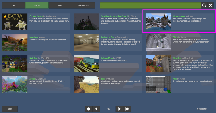 screenshot of the game content browser in luanti