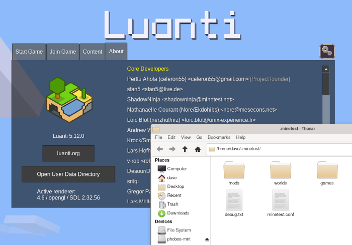 Screenshot of the Luanti game menu and Thunar file manager as described