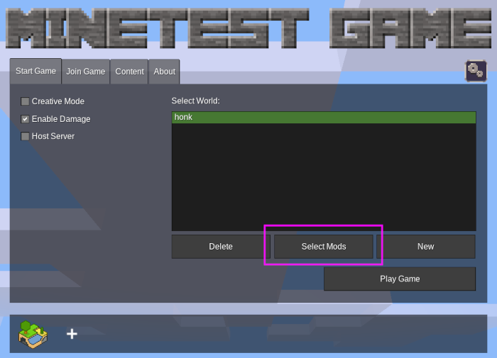 screenshot of the minetest game world menu with the select mods button highlighted